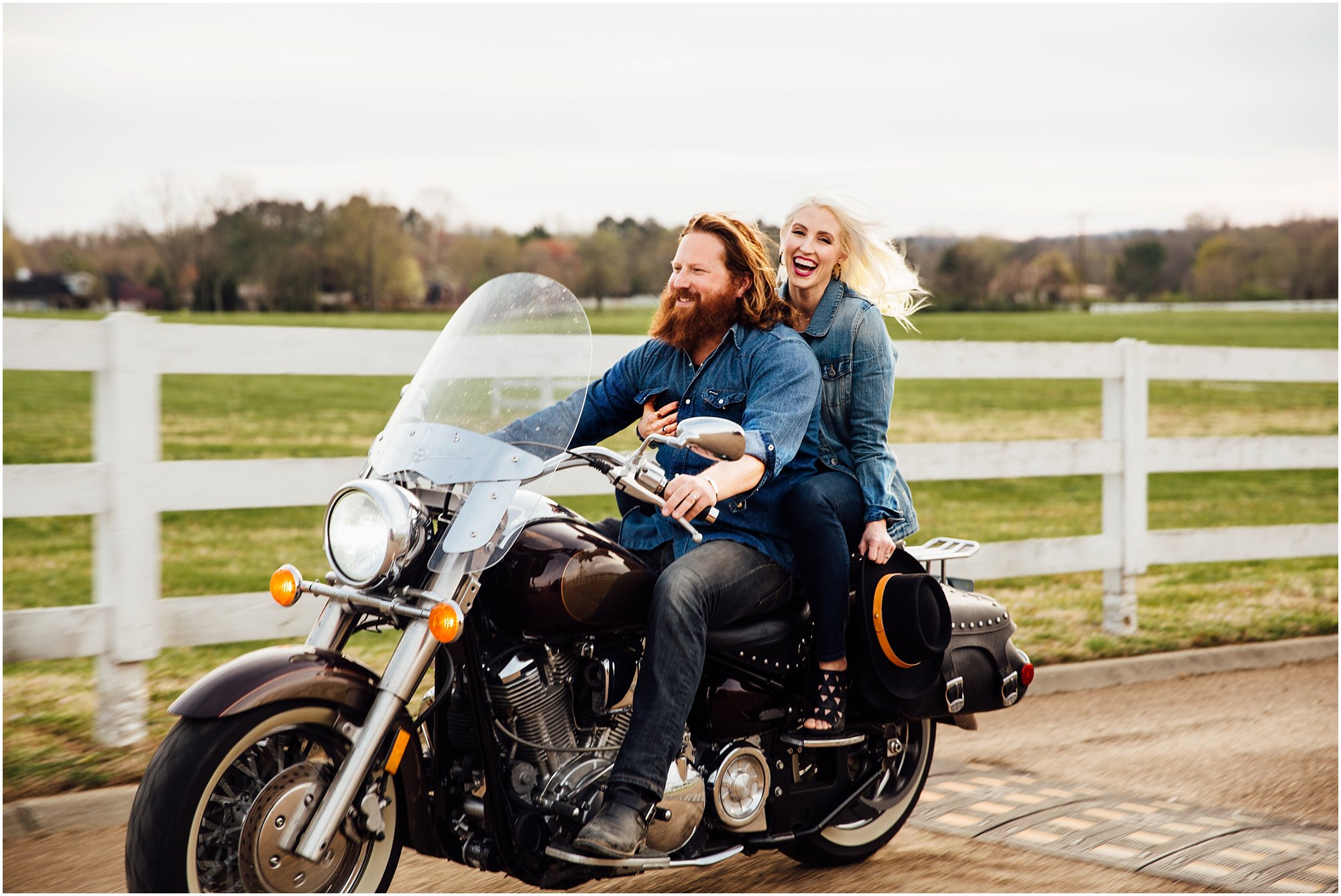 Married couple on motorcycle in Franklin, TN for anniversary photo session at Harlinsdale Farm