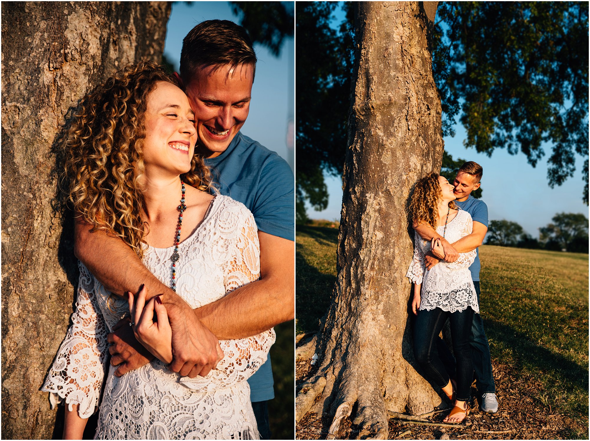 Newly engaged couple hugging and leaning against tree at Nashville's Fort Negley