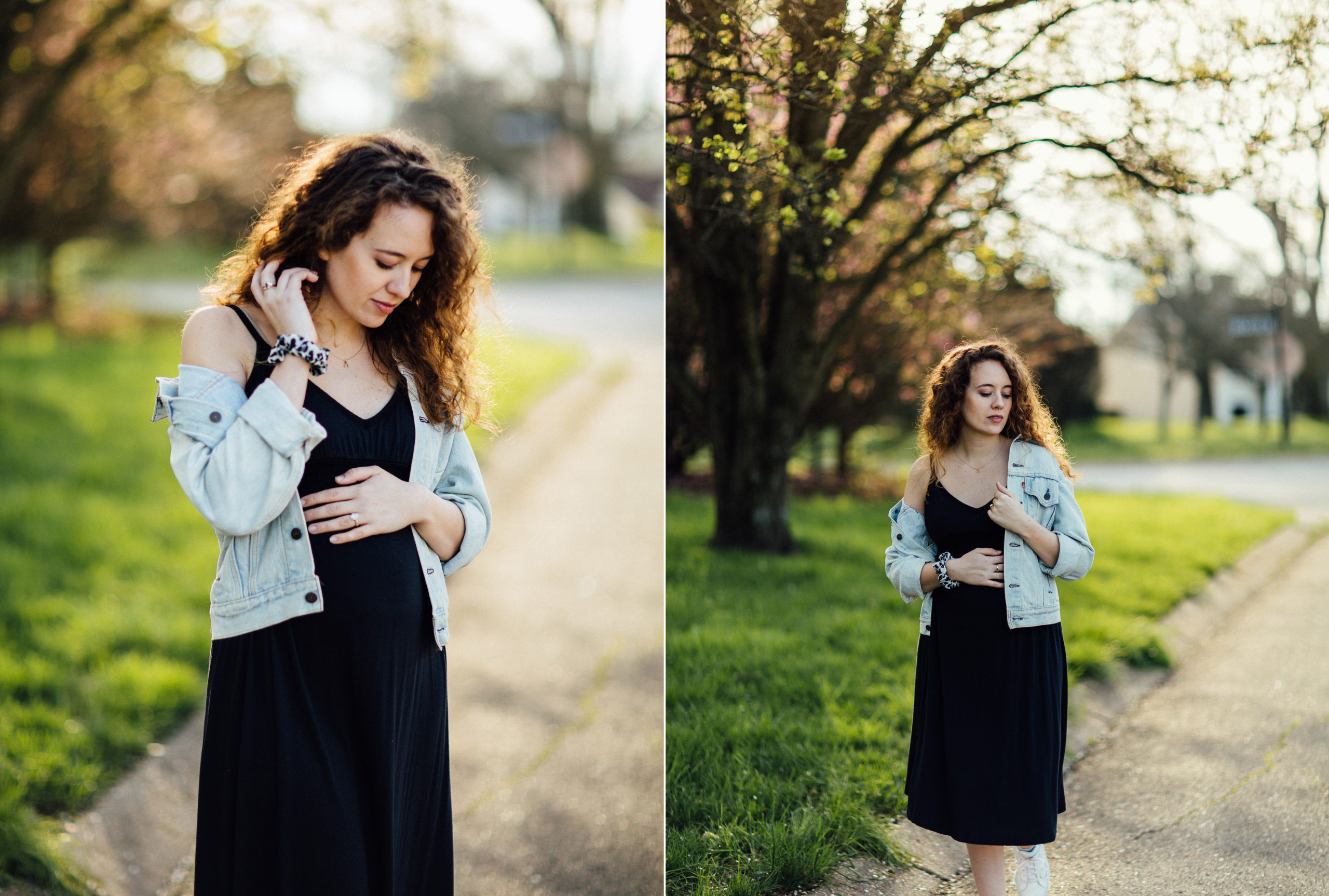 Maternity photography of woman walking down street in black dress looking at her growing belly in Franklin, Tennessee