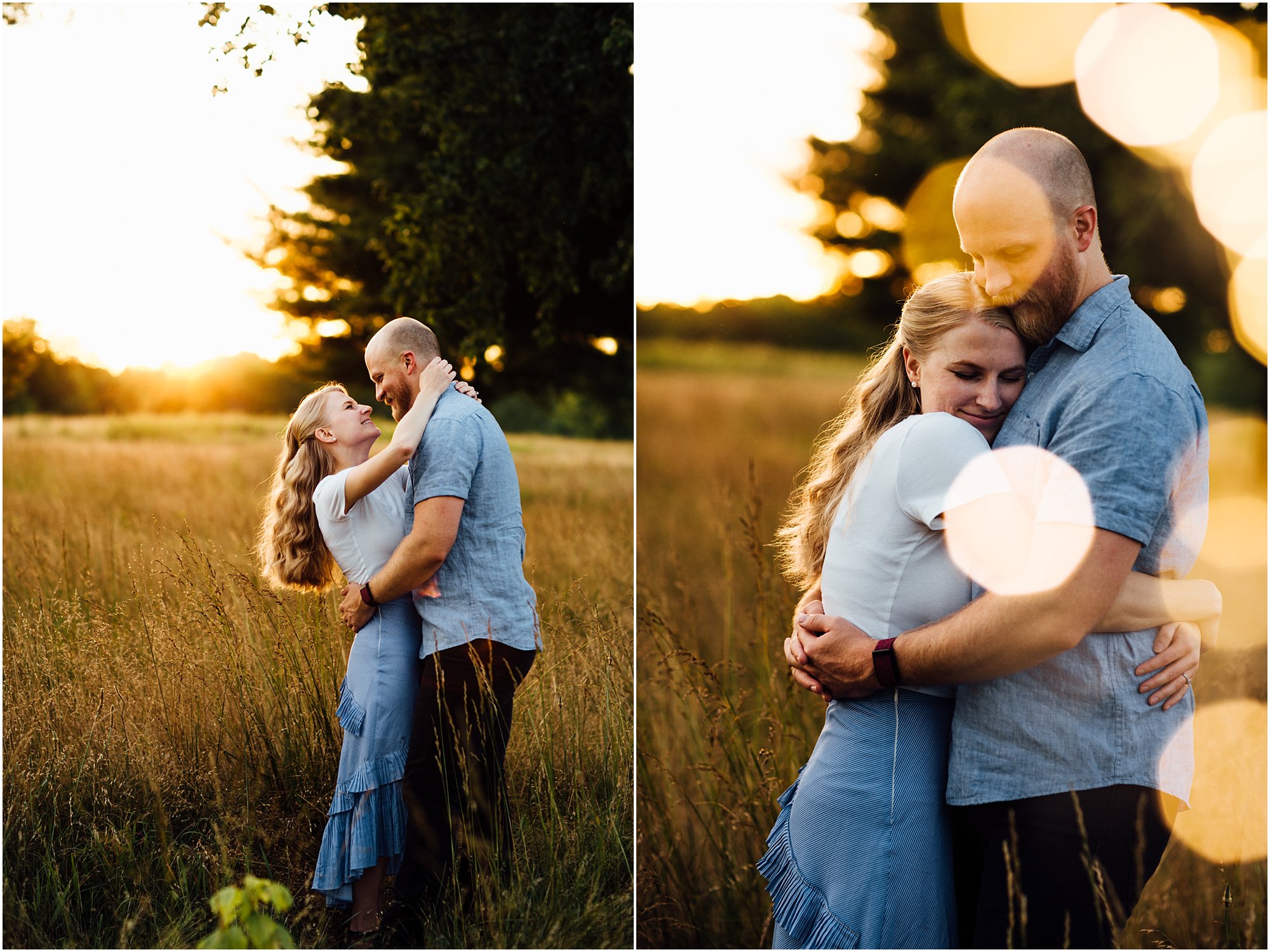 Engaged couple hugging sweetly during golden hour in Franklin, TN field