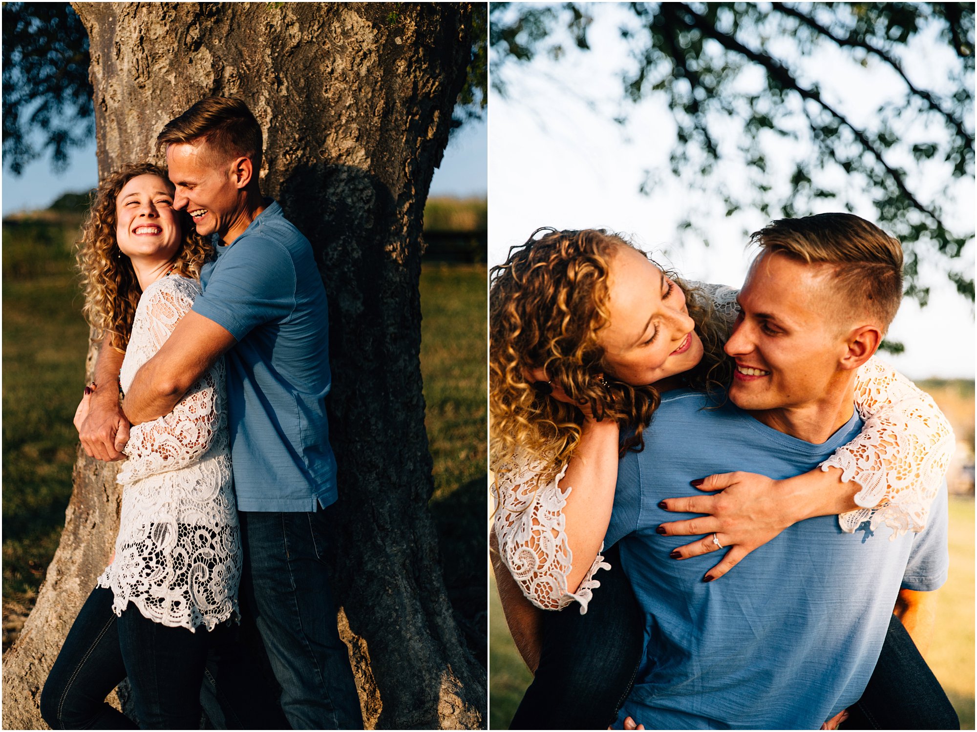 Guy giving girl piggy back riding while laughing during engagement session