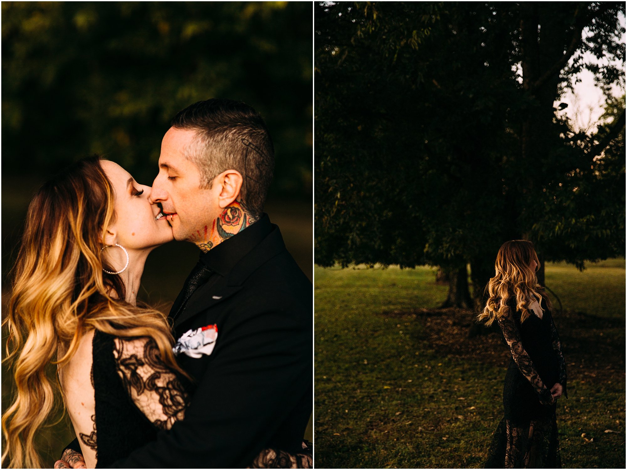 Bride and groom in all black attire kissing during sunset