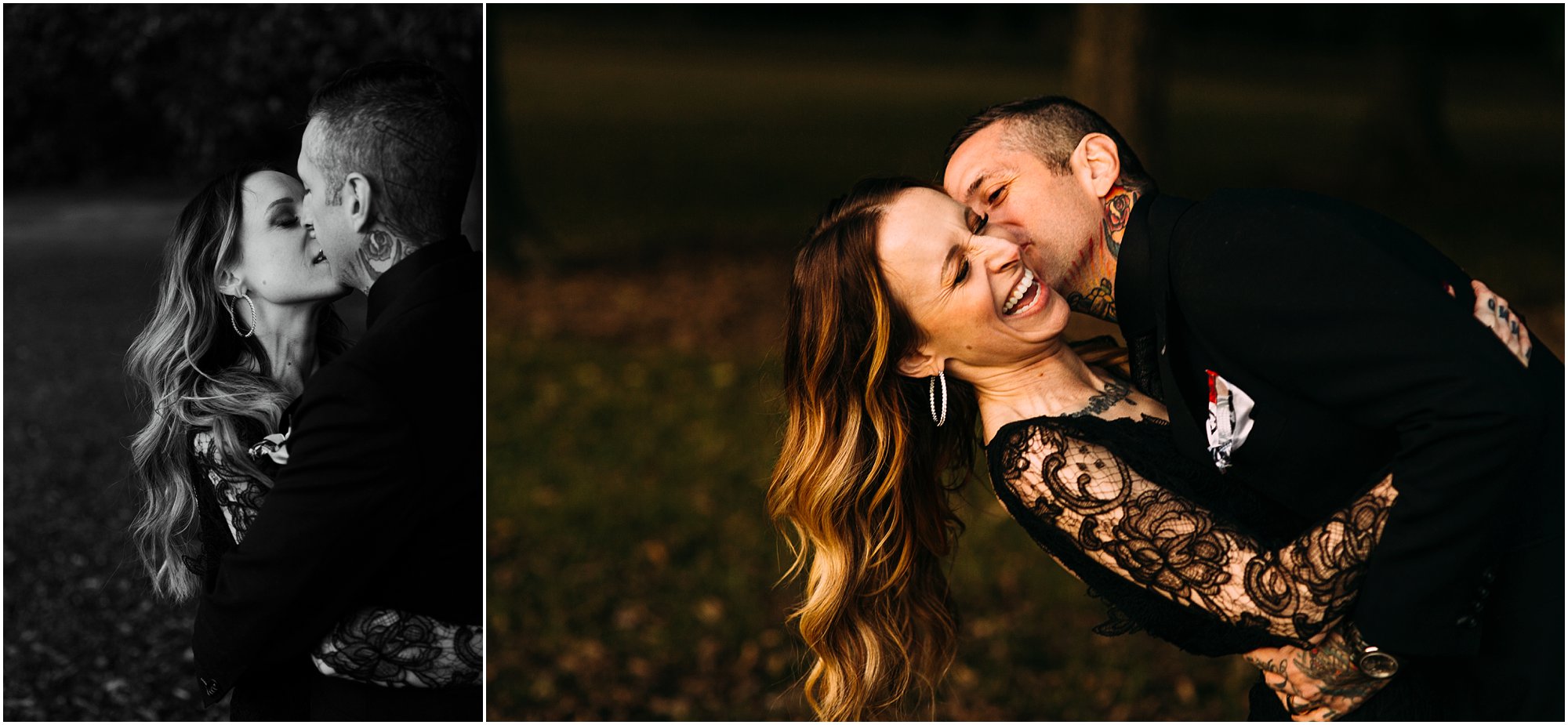 Groom stealing a kiss from his bride and making her laugh during portraits