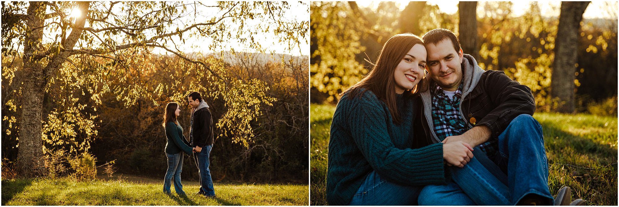 Engaged couple sitting in grass together embracing and smiling during their engagement session.