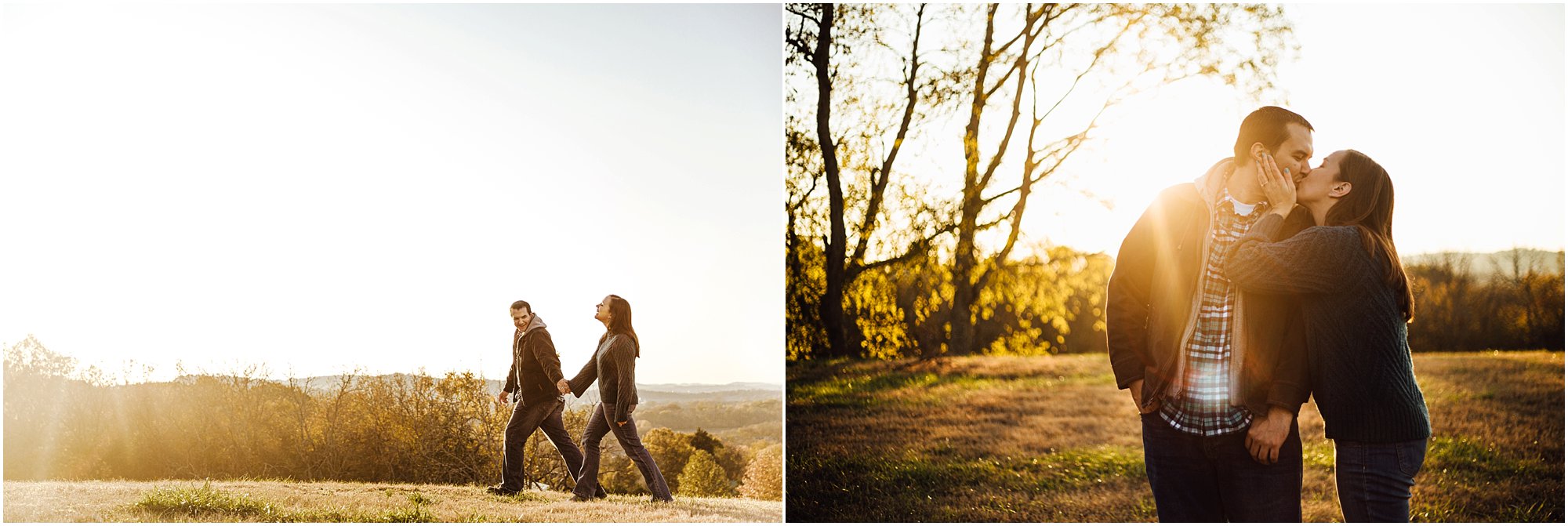 Couple walking together during sunset and kissing at Arrington Vineyards