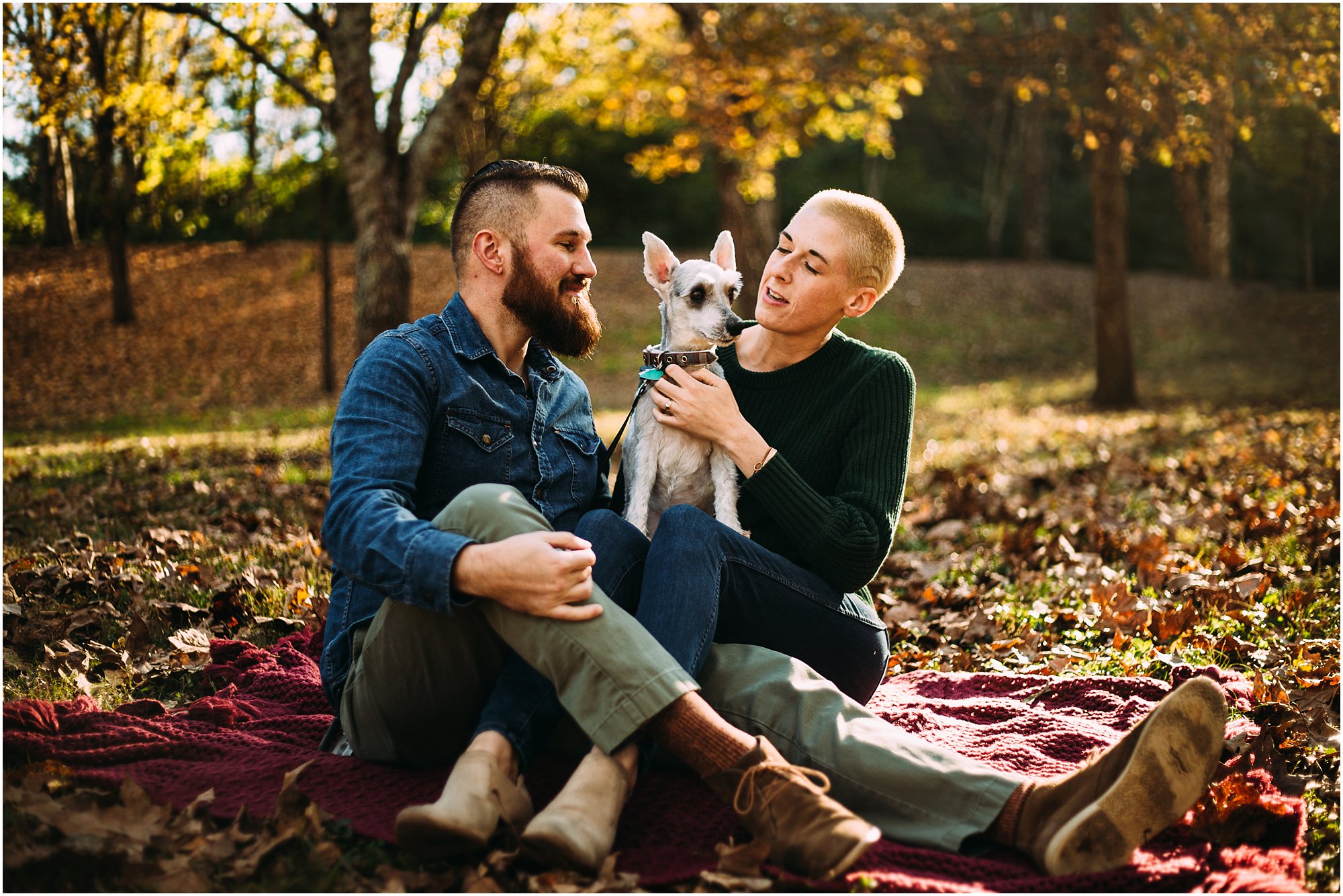 Couple sitting on blanket in park with their dog