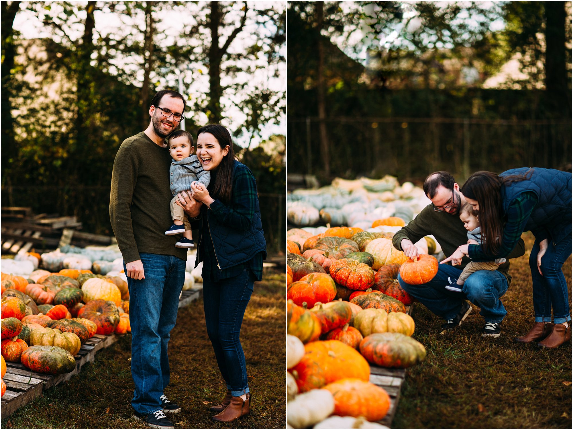 Couple holding their 6 month old with pumpkins in background at Priddy Farms