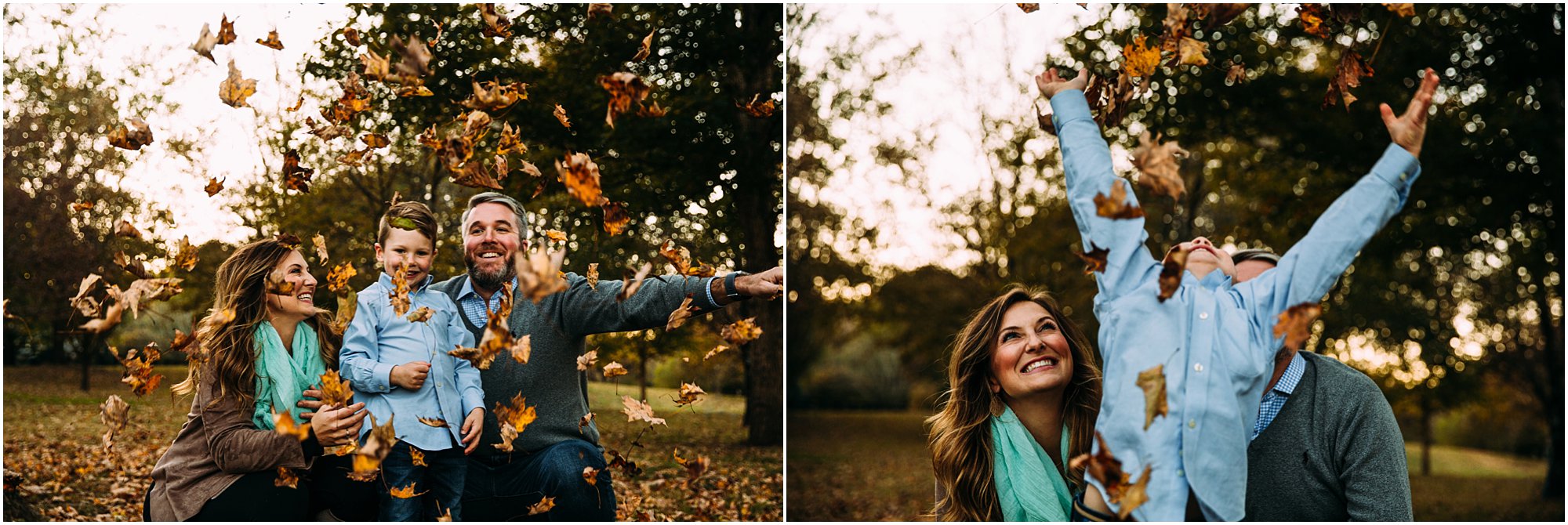 Little boy throwing fall leaves into the air as parents laugh and watch in excitement in Nashville 
