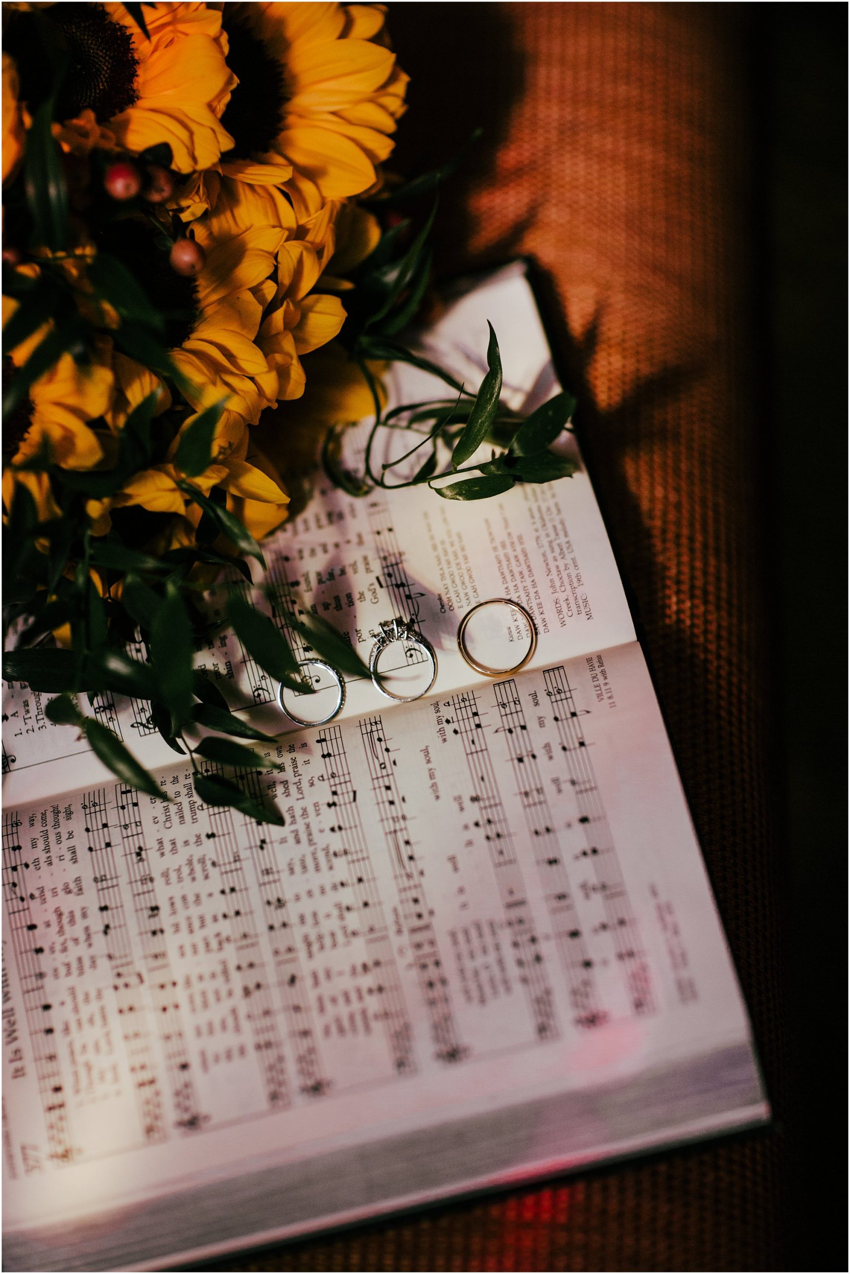 wedding rings laying on open hymnal