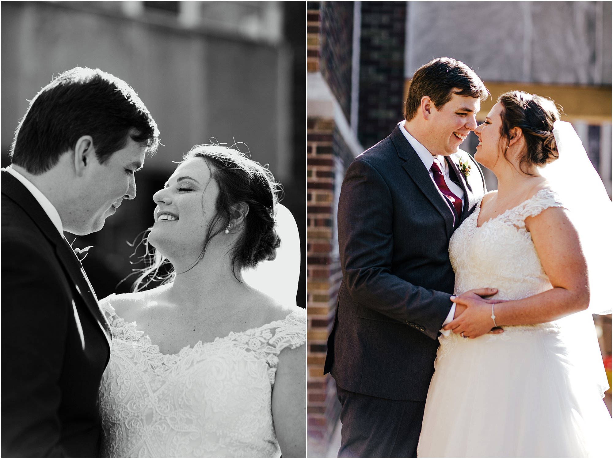 Giddy wedding couple embracing and laughing together outside of St. Luke's church in Memphis, Tn