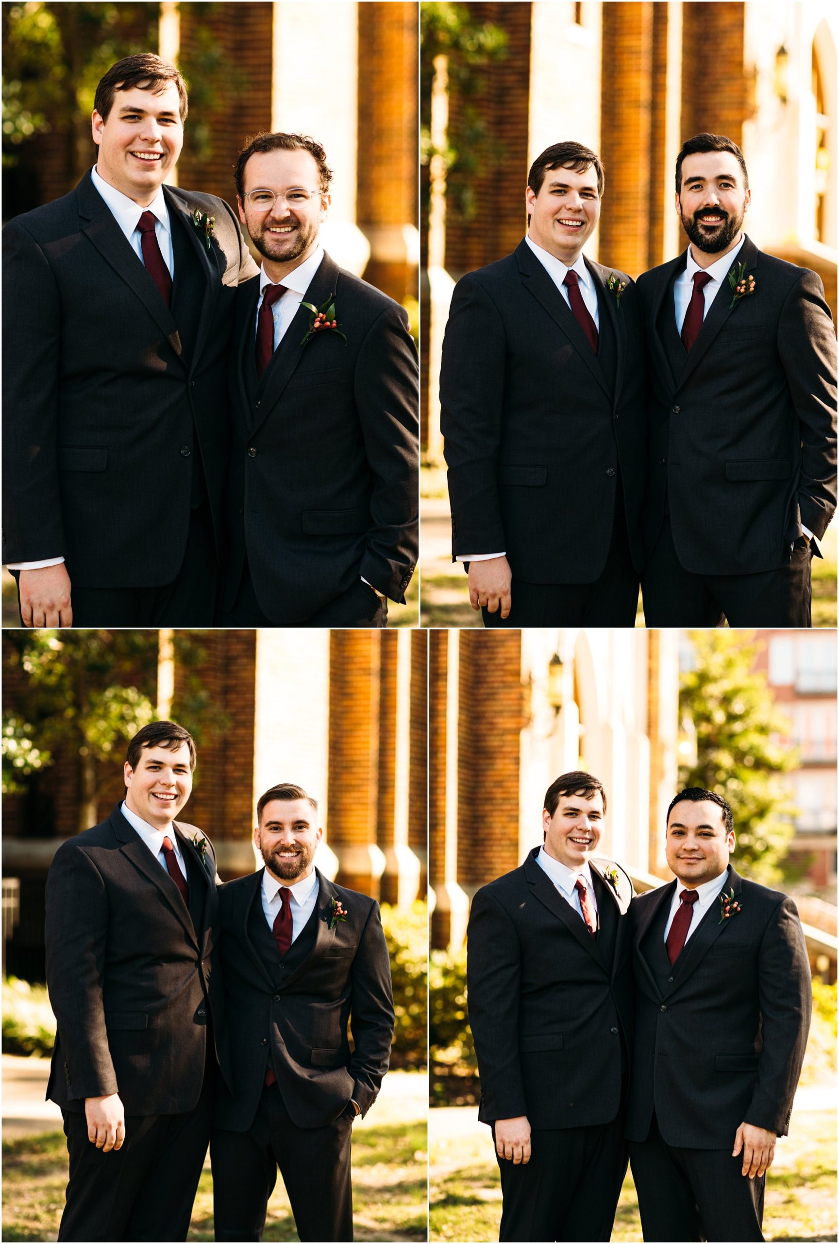 Groom posing with each of his groomsmen with historic church behind them