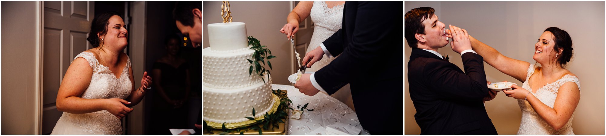Wedding couple cutting their cake together and laughing