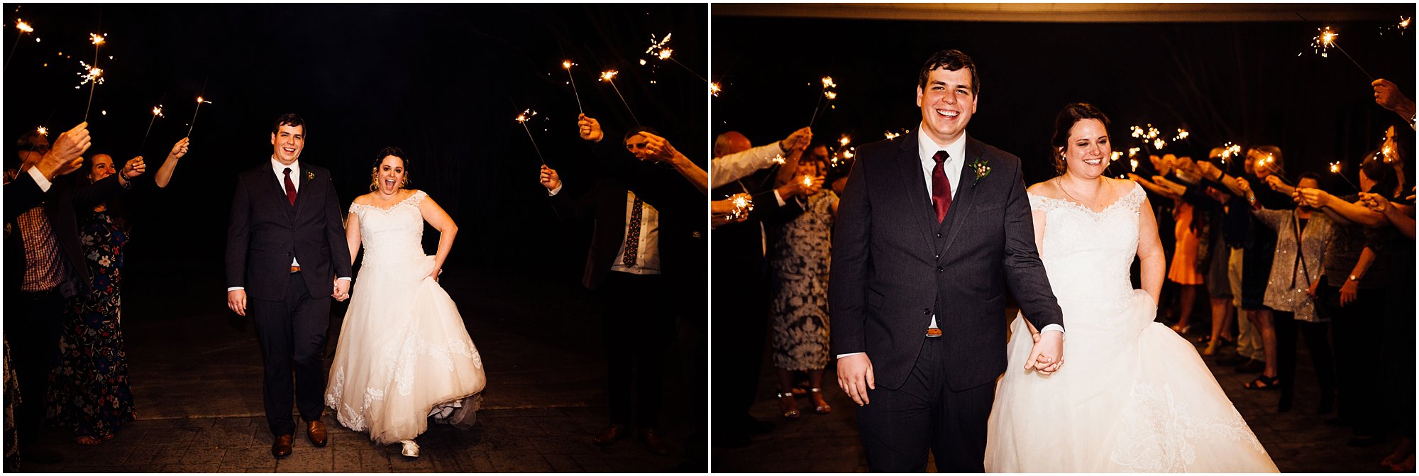 Giddy couple exiting their wedding reception surrounded by sparklers
