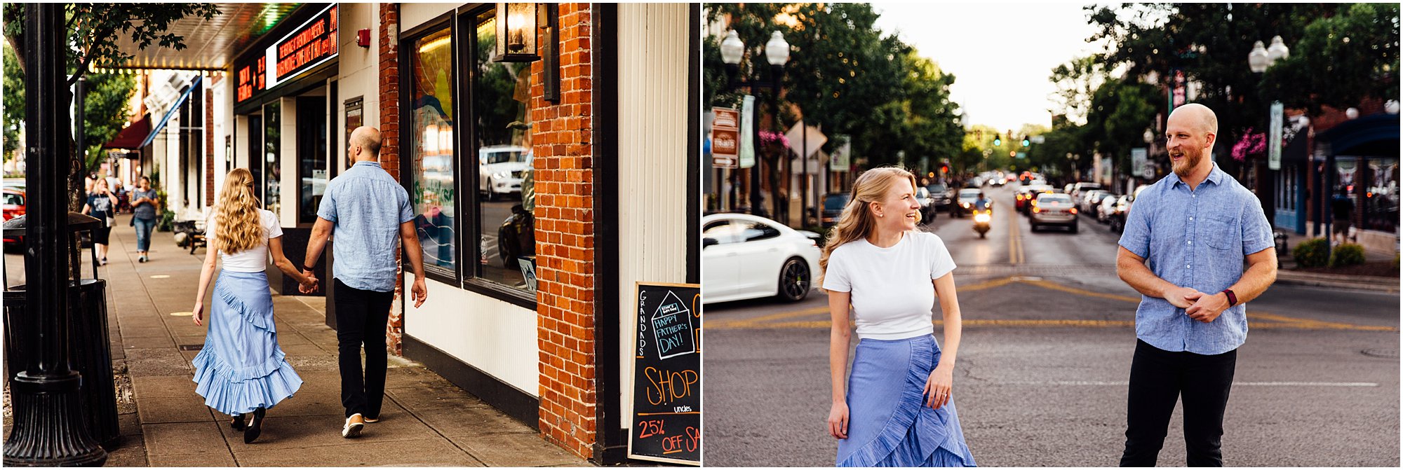 Engaged couple enjoying their evening together in downtown Franklin, TN 