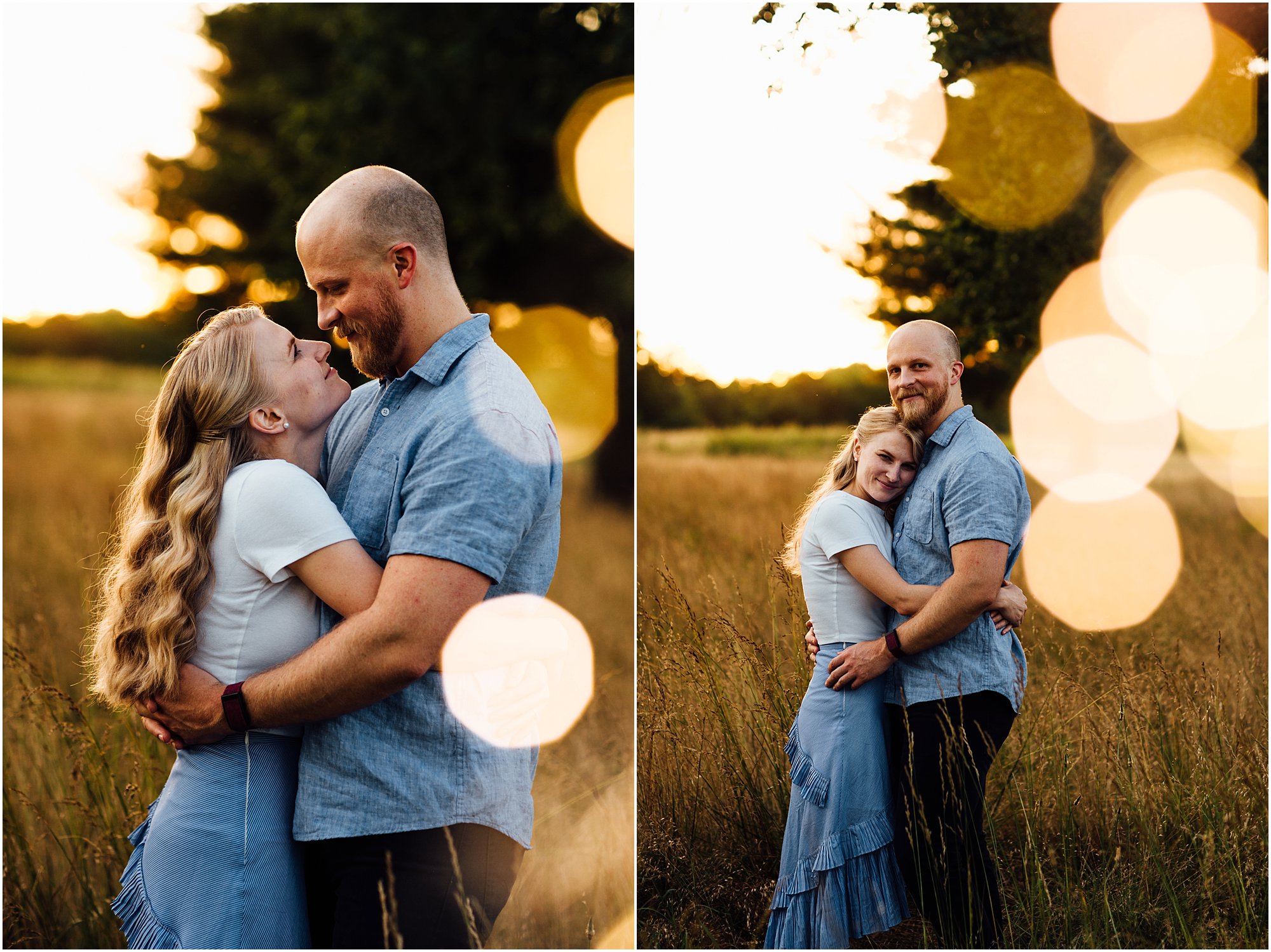 Couple embracing in the middle of a wheat field with bokeh lights